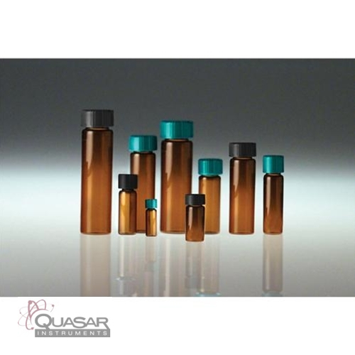 Vacuum and Ionized 0.50 dram Pack of 144 12 mm x 35 mm Qorpak GLC-07015 Amber Borosilicate Sample Vial with Green Thermoset F217 and PTFE Caps